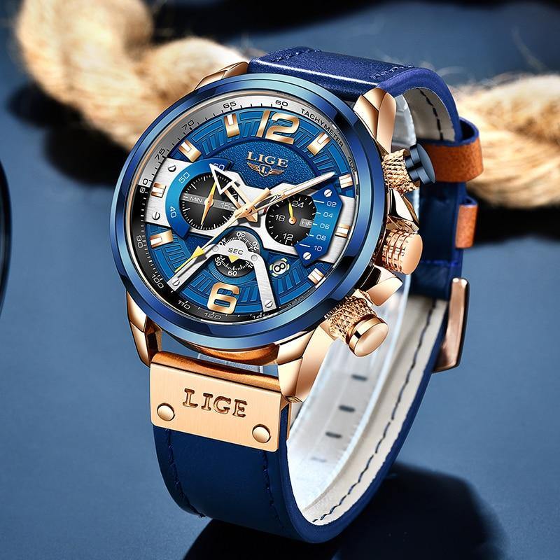 2021 LIGE Men Watches Top Brand Luxury Blue Leather Chronograph Sport Watch For Men Fashion Date Waterproof Clock Reloj Hombre - We Sell mobile Phones