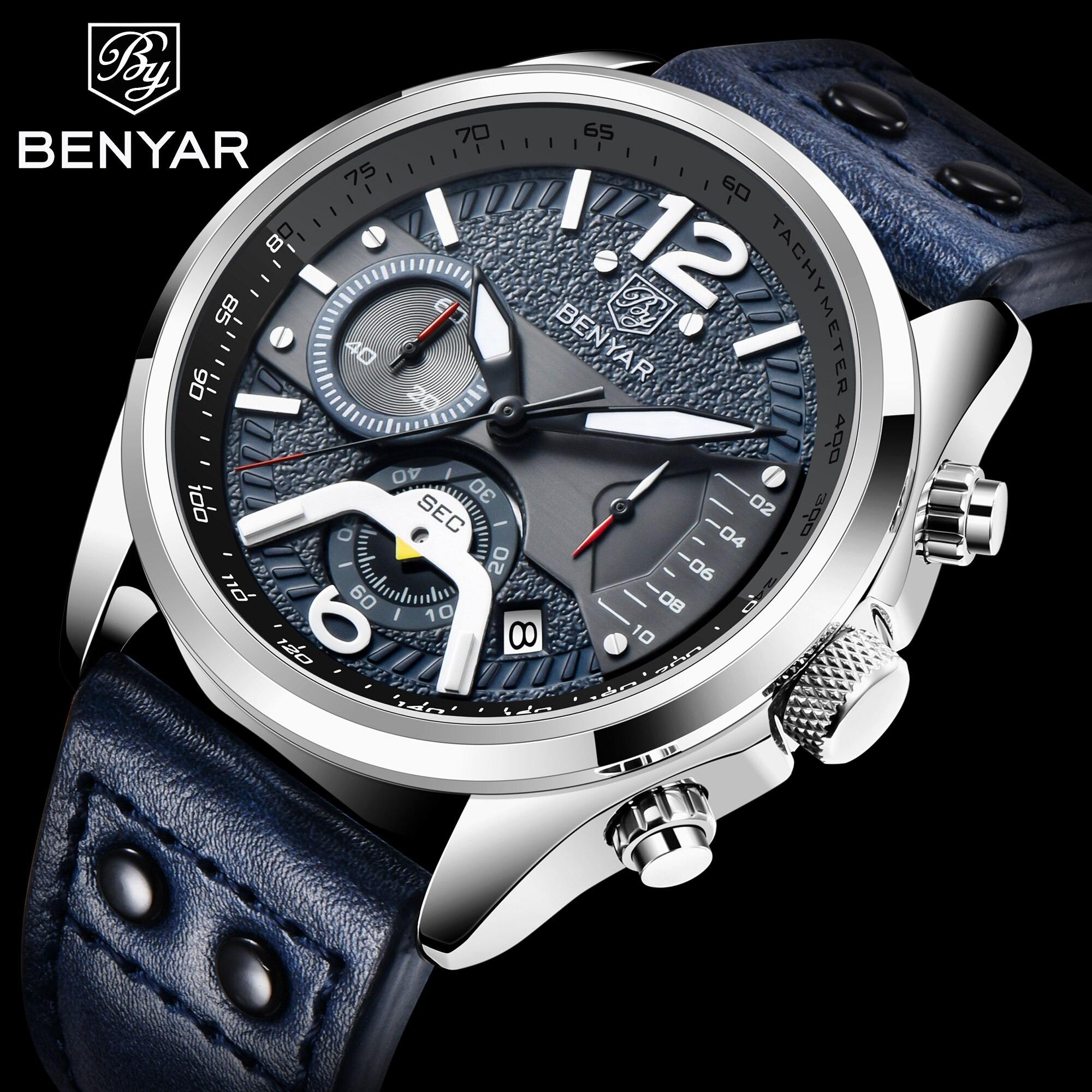 2021 BENYAR Design Top Brand New 42mm Men Quartz Watches Men's Pilot Waterproof Leather Watch Men Sport Chronograph Reloj Hombre - We Sell mobile Phones